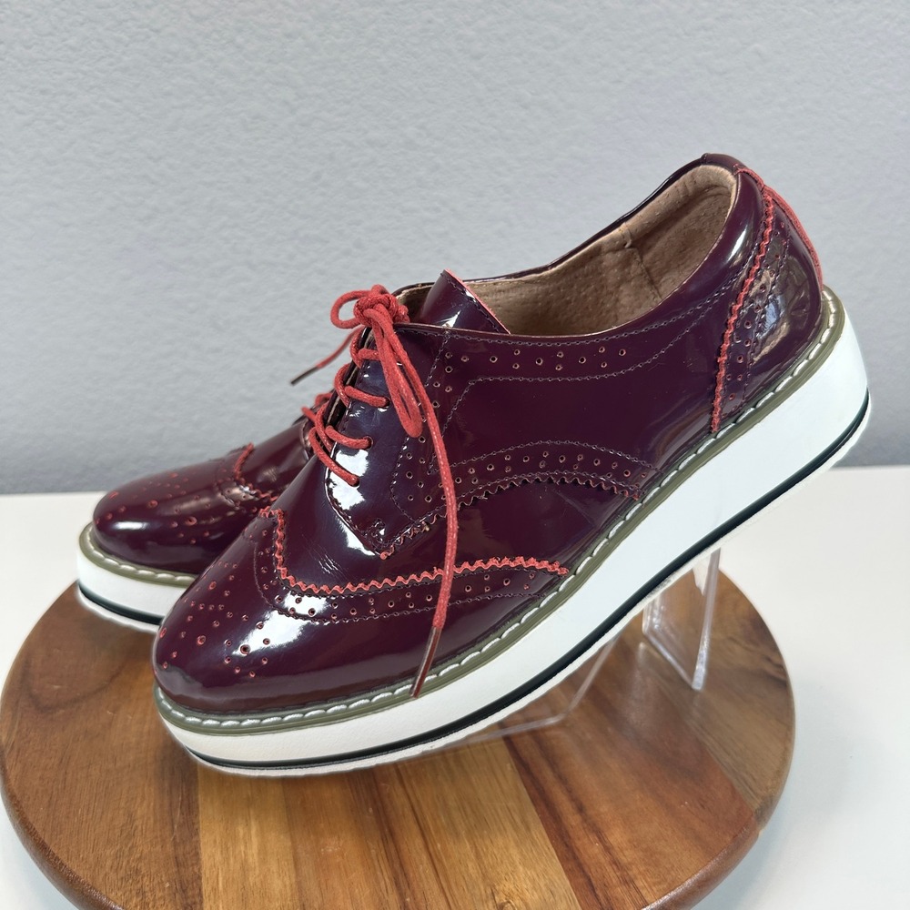 Dadawen Womens Platform Oxfords Burgundy Patent Wingtip Brogue Shoes 42 366-1.5 - Picture 3 of 8